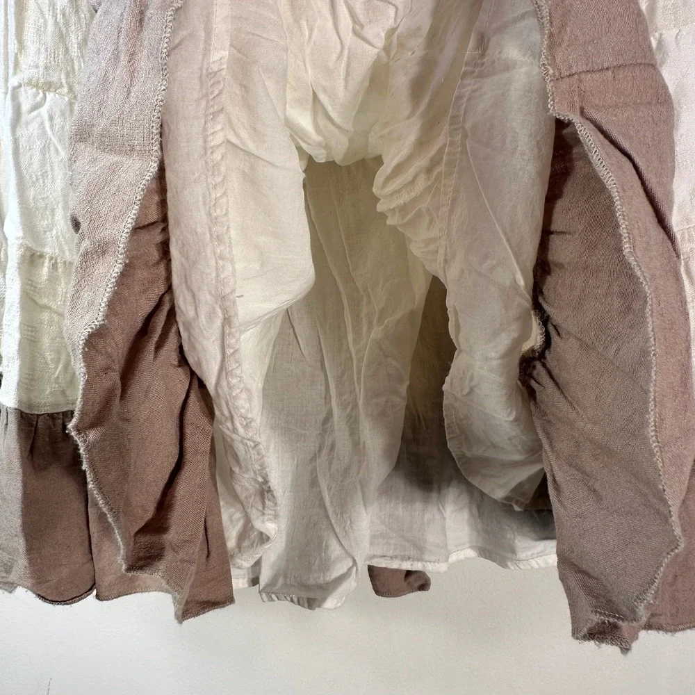 Coldwater Creek XL Taupe Cream Tiered Boho Midi Skirt Rayon Linen Cotton Smocked